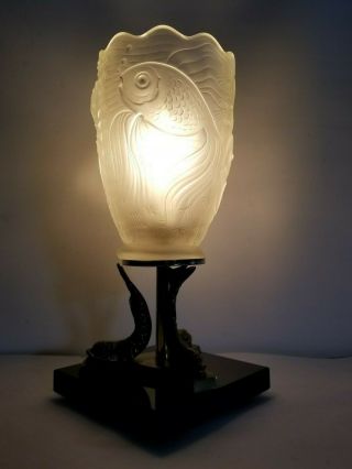 Vintage Rare Art Deco Desk Table Lamp With Fish Glass Shade 1930 ' s 11
