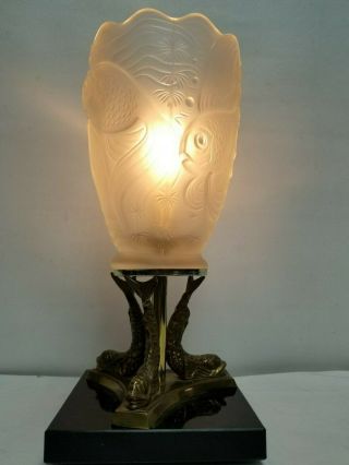 Vintage Rare Art Deco Desk Table Lamp With Fish Glass Shade 1930 