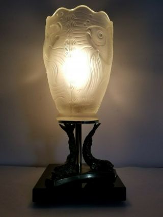 Vintage Rare Art Deco Desk Table Lamp With Fish Glass Shade 1930 ' s 2