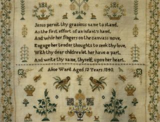 EARLY/MID 19TH CENTURY BIRDS,  MOTIF & VERSE SAMPLER BY ALICE WARD AGED 12 - 1843 10