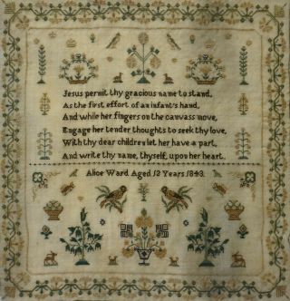 EARLY/MID 19TH CENTURY BIRDS,  MOTIF & VERSE SAMPLER BY ALICE WARD AGED 12 - 1843 11