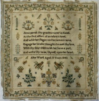 Early/mid 19th Century Birds,  Motif & Verse Sampler By Alice Ward Aged 12 - 1843