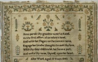 EARLY/MID 19TH CENTURY BIRDS,  MOTIF & VERSE SAMPLER BY ALICE WARD AGED 12 - 1843 2