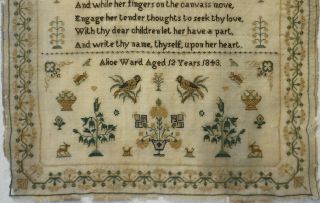 EARLY/MID 19TH CENTURY BIRDS,  MOTIF & VERSE SAMPLER BY ALICE WARD AGED 12 - 1843 3