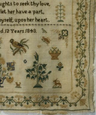 EARLY/MID 19TH CENTURY BIRDS,  MOTIF & VERSE SAMPLER BY ALICE WARD AGED 12 - 1843 7