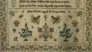EARLY/MID 19TH CENTURY BIRDS,  MOTIF & VERSE SAMPLER BY ALICE WARD AGED 12 - 1843 8