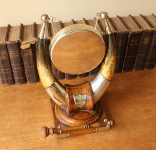 Antique Dinner Table Top Gong.  English Oak,  Horn & Brass.  John Grinsell c1900 12