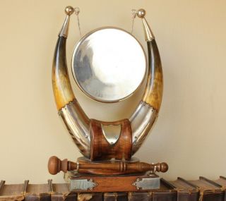 Antique Dinner Table Top Gong.  English Oak,  Horn & Brass.  John Grinsell C1900