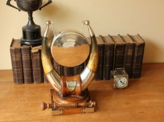 Antique Dinner Table Top Gong.  English Oak,  Horn & Brass.  John Grinsell c1900 2