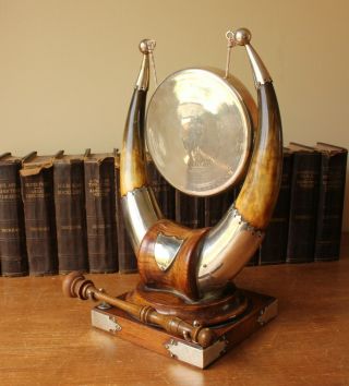 Antique Dinner Table Top Gong.  English Oak,  Horn & Brass.  John Grinsell c1900 6