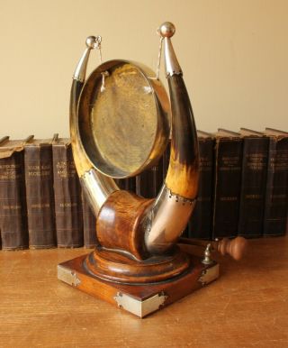 Antique Dinner Table Top Gong.  English Oak,  Horn & Brass.  John Grinsell c1900 7