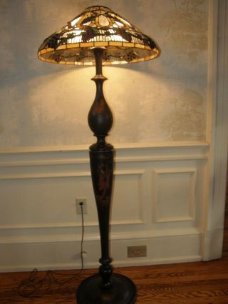 Antique Wooden Chinoiserie Floor Lamp With Stained Glass Leaded Lamp Shade