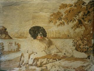 Large Mid/late 19th Century Needlepoint Of A Spaniel In A Rural Setting - C.  1860