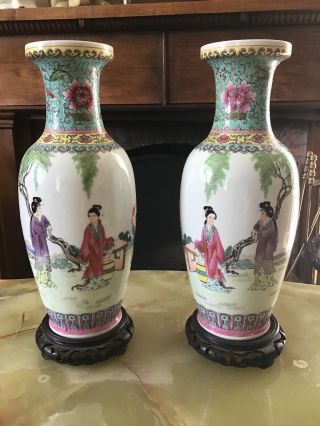 Chinese Republic Period Vases 13.  5” Tall On Wooden Stands.  Poem & Scenes