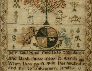 EARLY 19TH CENTURY ADAM & EVE,  MOTIF & VERSE SAMPLER BY HANNAH BENTLEY - 1826 10