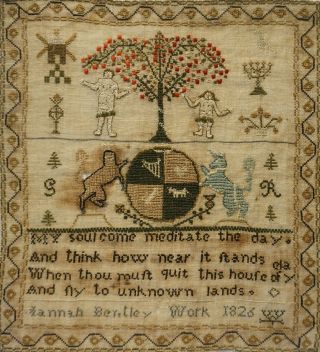 EARLY 19TH CENTURY ADAM & EVE,  MOTIF & VERSE SAMPLER BY HANNAH BENTLEY - 1826 11