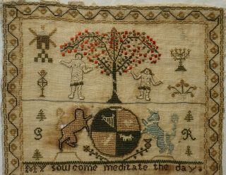 EARLY 19TH CENTURY ADAM & EVE,  MOTIF & VERSE SAMPLER BY HANNAH BENTLEY - 1826 2