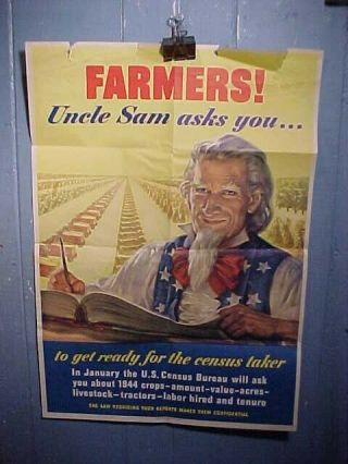 Orig Wwii Home Front Poster 1944 - Uncle Sam Image Farmers Census