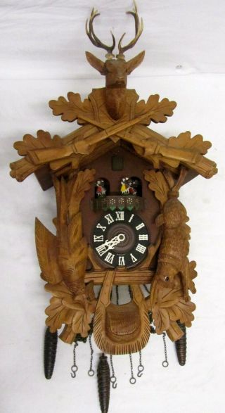 Vintage Regula Western Germany Brown Wood Hunter Theme Cuckoo Clock Decoration