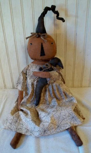 Primitive Grungy Halloween Orange Pumpkin Lady Doll W/long Stem & Little Crow