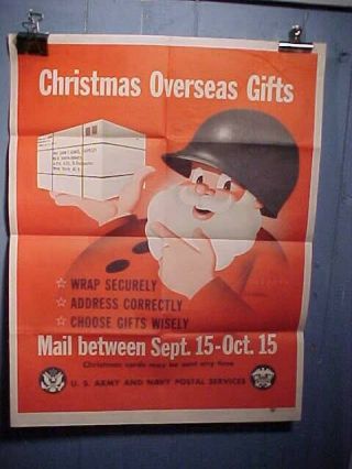 Orig Wwii Home Front Poster 1945 - Christmas Overseas Post Office W Santa Gi Image