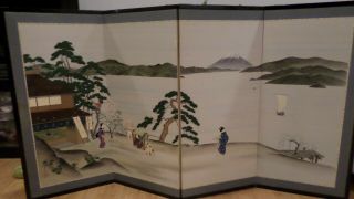 Vintage Japanese 4 Panel Folding Screen Hand Painted Signed