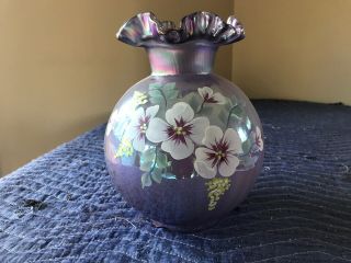 Antique Signed Fenton Purple Flowered Handpainted Top Lamp Globe
