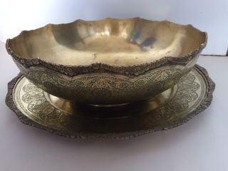 Antique Islamic Middle Eastern Brass Large Fruit Bowl With Tray
