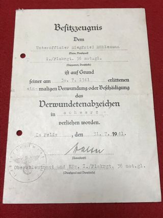 Ww2 German Black Wound Badge Document To Flak Nco - Dated 1941