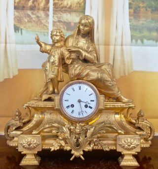 Lovely Large Antique 19th C French Gilt Twin Figural 8 Day Bell Mantle Clock