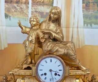 Lovely large antique 19th c French gilt twin figural 8 day bell mantle clock 3