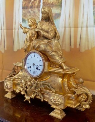 Lovely large antique 19th c French gilt twin figural 8 day bell mantle clock 4