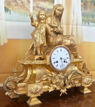 Lovely large antique 19th c French gilt twin figural 8 day bell mantle clock 5