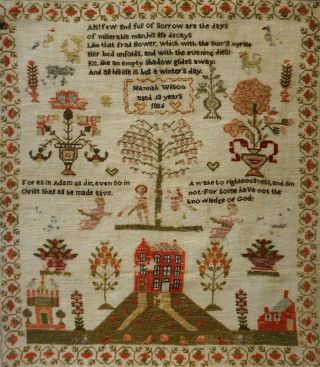 EARLY 19TH CENTURY RED HOUSE & MOTIF SAMPLER BY HANNAH WILSON AGED 13 - 1826 11