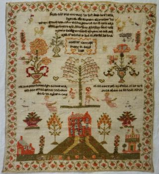 EARLY 19TH CENTURY RED HOUSE & MOTIF SAMPLER BY HANNAH WILSON AGED 13 - 1826 12