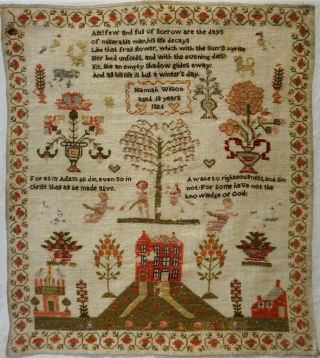 Early 19th Century Red House & Motif Sampler By Hannah Wilson Aged 13 - 1826