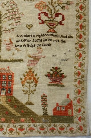 EARLY 19TH CENTURY RED HOUSE & MOTIF SAMPLER BY HANNAH WILSON AGED 13 - 1826 7