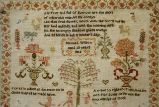 EARLY 19TH CENTURY RED HOUSE & MOTIF SAMPLER BY HANNAH WILSON AGED 13 - 1826 8