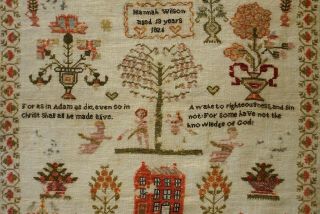 EARLY 19TH CENTURY RED HOUSE & MOTIF SAMPLER BY HANNAH WILSON AGED 13 - 1826 9