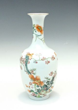 Chinese Porcelain Vase Superbly Painted Perched Bird Flowers Bats Qianlong Mark