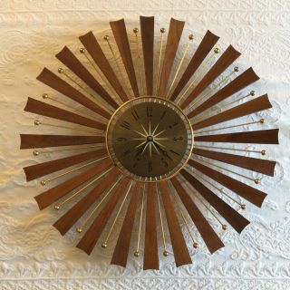 Vintage Mcm Seth Thomas Wall Clock Teak & Brass Sunburst Starburst Picturesque
