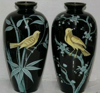 Stunning Black Enamel Vases Wit Bird Decoration Harrach Bohemian Rare