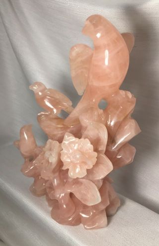 Chinese Rose Quartz Carving Of 3 Birds Perched On A Flowering Tree.