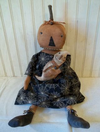 Primitive Grungy Halloween Pumpkin Lady Doll & Her Little Grubby Ghostie Ghost