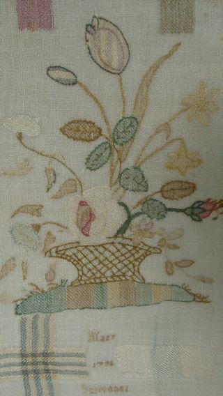 Mary Scrivener ' s 1795 English silk on linen Darning sampler w center cartouche 2