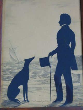 C.  1839 Antique Silhouette Of A Gentleman And His Dog By Auguste Edouart