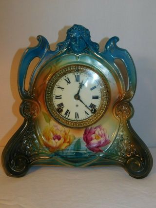 Ansonia Royal Bonn " La Chapelle " Porcelain Mantle Clock,  Runs