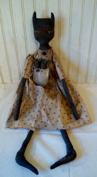 Primitive Grungy Tall Black Kitty Cat Doll & Her Crows