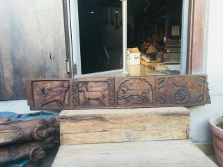 Ancient Rare Wood Fine Hand Carved Bird Dog Deer Figure Rare Door Rare Panel