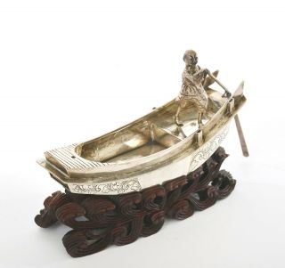 1930 ' s Chinese Sterling Silver Junk Boat Ship Fisherman Figure Wood Stand 3